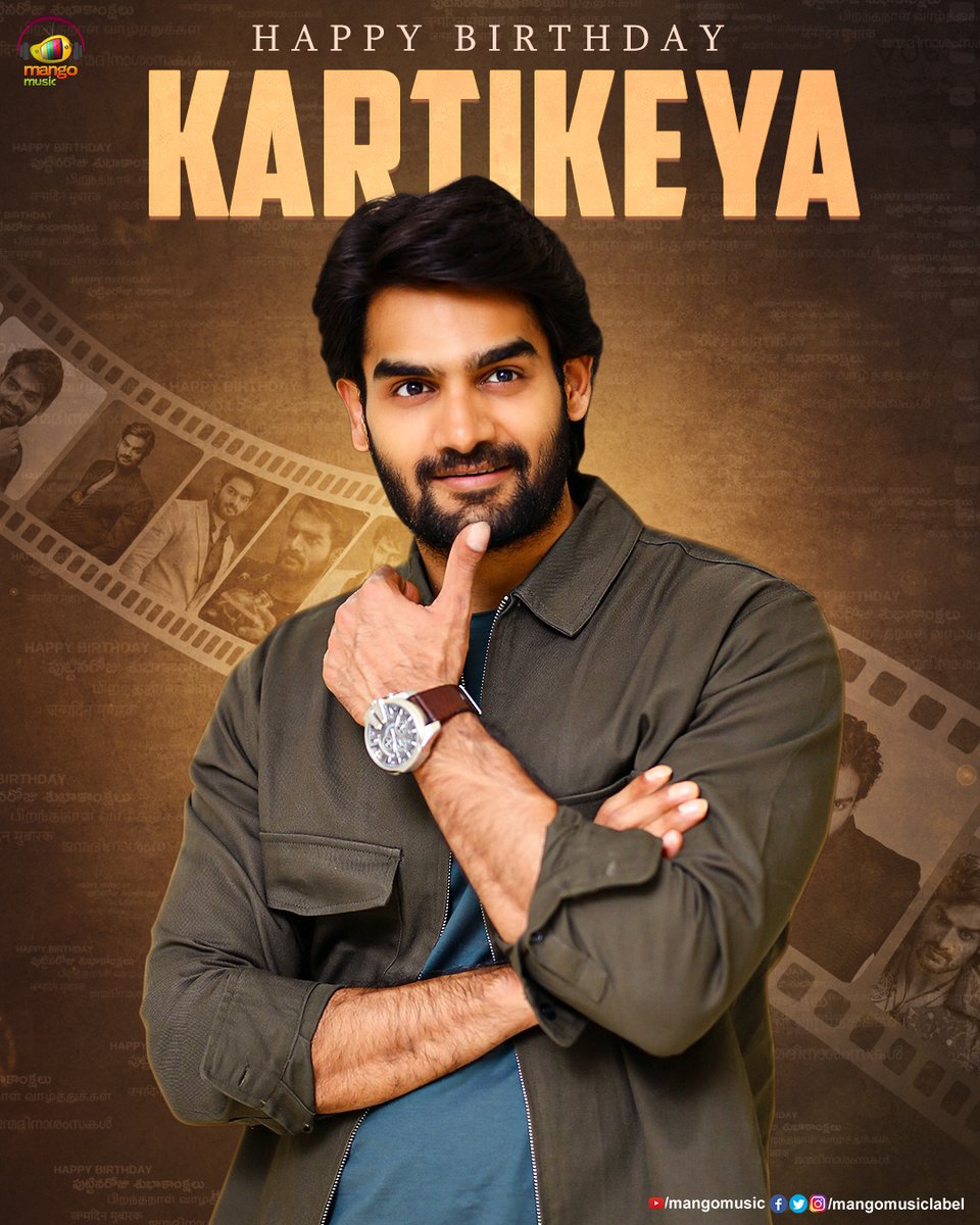 Join us in wishing the Young & Dynamic Actor #Kartikeya a Very Happy Birthday! 🎉✨🎊 #HappyBirthdayKartikeya #HBDKartikeya #KartikeyaGummakonda @ActorKartikeya #MangoMusic