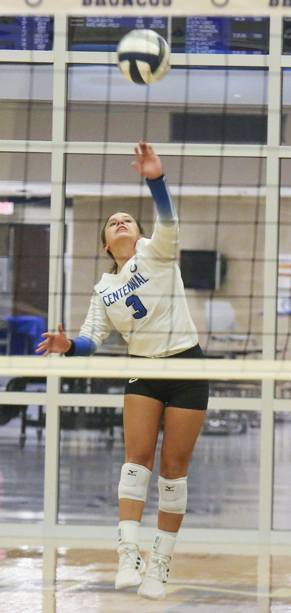 VB: <a href="/EllaWambold/">EllaWambold</a> of <a href="/CentennialVB18/">Centennial Volleyball</a> serves against Wilber-Clatonia Sept. 20. #broncoblue #servetostartthematch