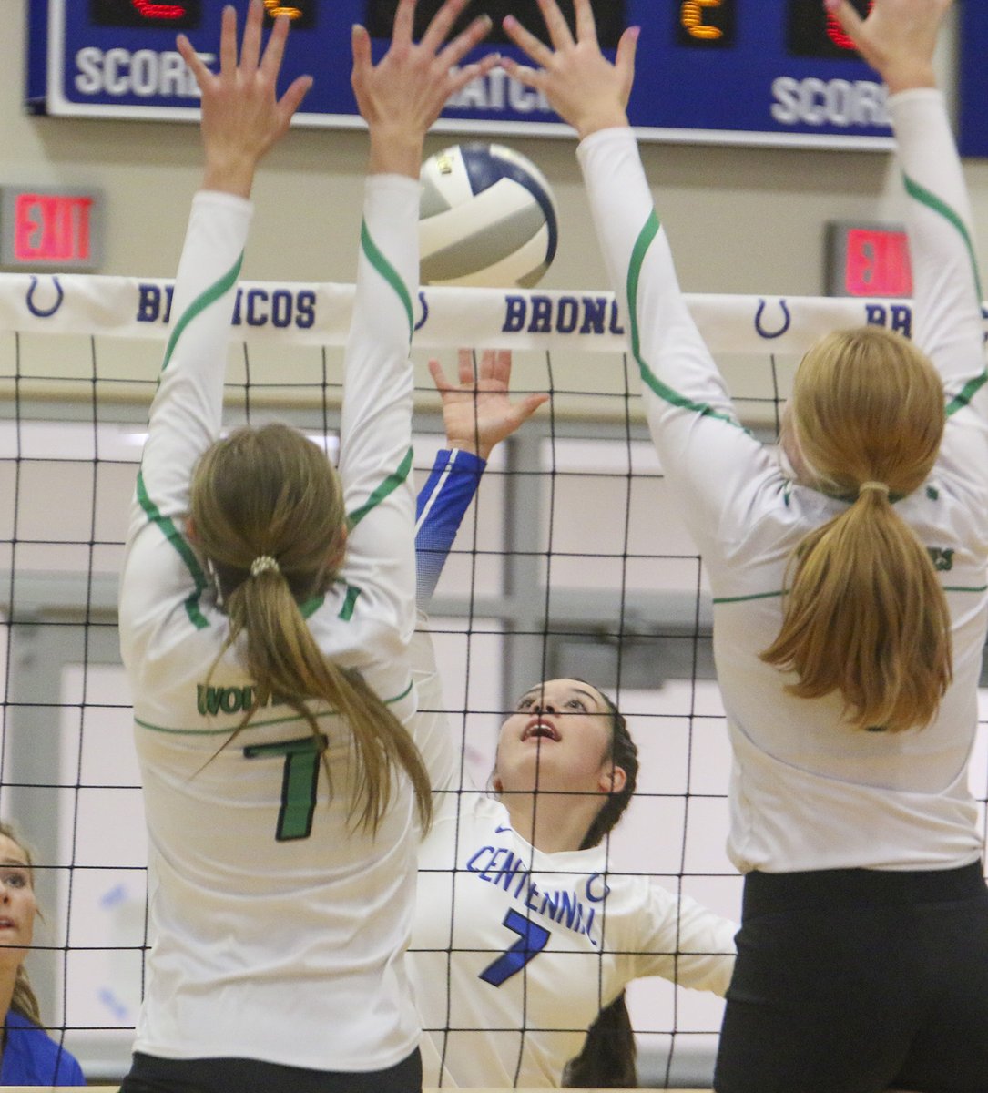 VB: <a href="/KarleyNaber/">Karley Naber</a> of <a href="/CentennialVB18/">Centennial Volleyball</a> looks to hit around the WC block Sept. 20. #broncoblue #tooltheblock