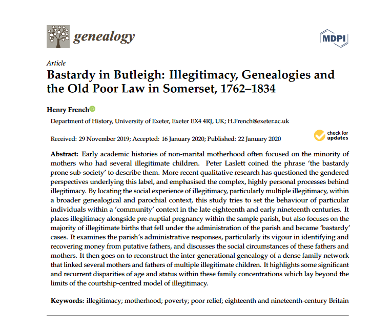 Genealogy_MDPI's tweet photo. Keep an Eye on the article 📖"Bastardy in Butleigh: #Illegitimacy, #Genealogies and the Old Poor Law in Somerset, 1762–1834" written by Prof. Henry French from @exeterclio. 👩‍👦👩‍👧👩‍👧‍👦
Keywords: #Motherhood #Poverty  #PoorRelief #Britain #18Century #19Century
👍https://t.co/uHteQpCnBS https://t.co/M3RxzWN7MI