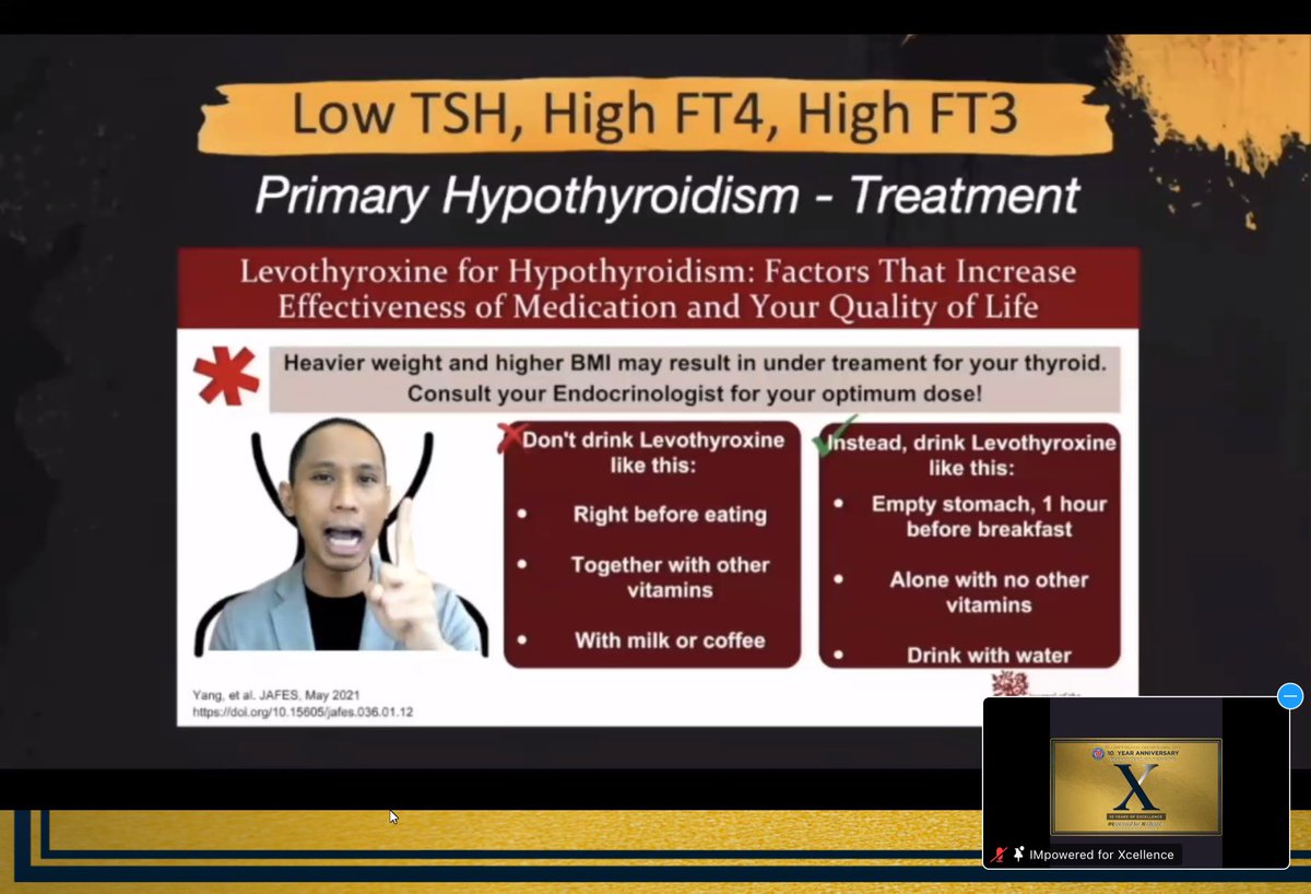 rzanetaMD's tweet photo. To those who are taking Levothyroxine, if you feel that your medication is not working or your thyroid function test does not improve, you may not be taking your medications right. 

Deciphering Thyroid Dysfunction
by Dr Felipe
#IMPowered2022 https://t.co/EwvJA49cIo