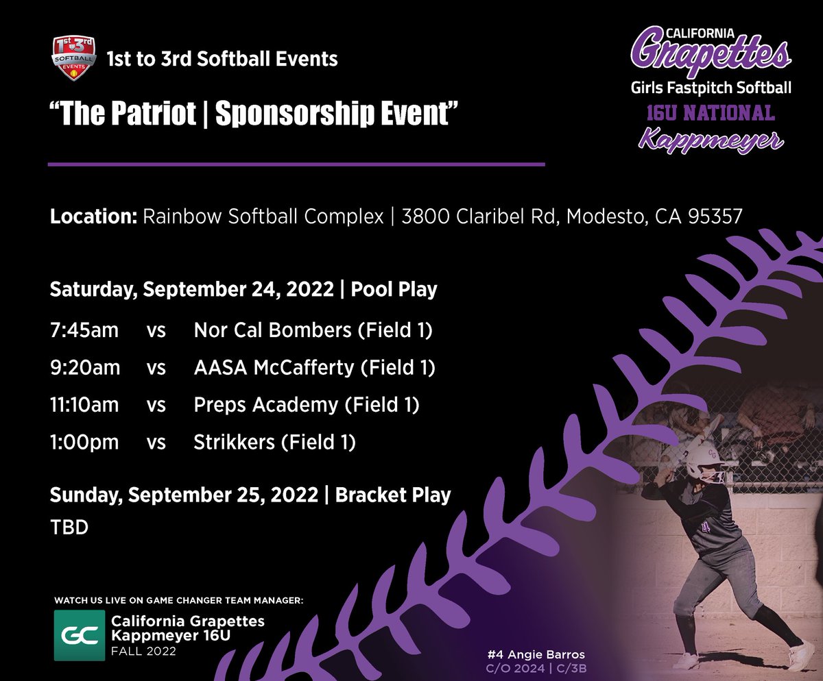 cagrapetteskapp's tweet photo. We are back at it this weekend for the @1stto3rdsoftball โThe Patriot | Sponsorship Eventโ tourney! Weโll be at the Rainbow Softball Complex! ๐๐ฅ๐ค๐ฝ
*Weโll also be streaming live on Game Changer Team Manager under California Grapettes Kappmeyer 16U*
#cagrapetteskapp #1stto3rd https://t.co/OOVR8AC2hT