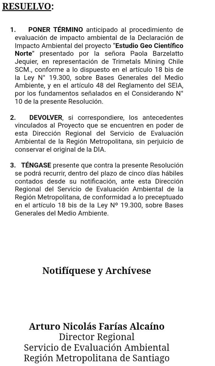 JuanAndrsCcere4's tweet photo. Alivio para @cajondelmaipo,la DIA presentada x TriMetals Mining asociada a @WorldCopperLtd y @Wealthminerals x el proy. de sondaje minero llamado Estudio GeoCientífico Norte,"Escalones4" el SEIA la rechaza,pues No Califica para continuar su evaluación.@ChileAmbiental @olca_chile https://t.co/Uogp3jwumB