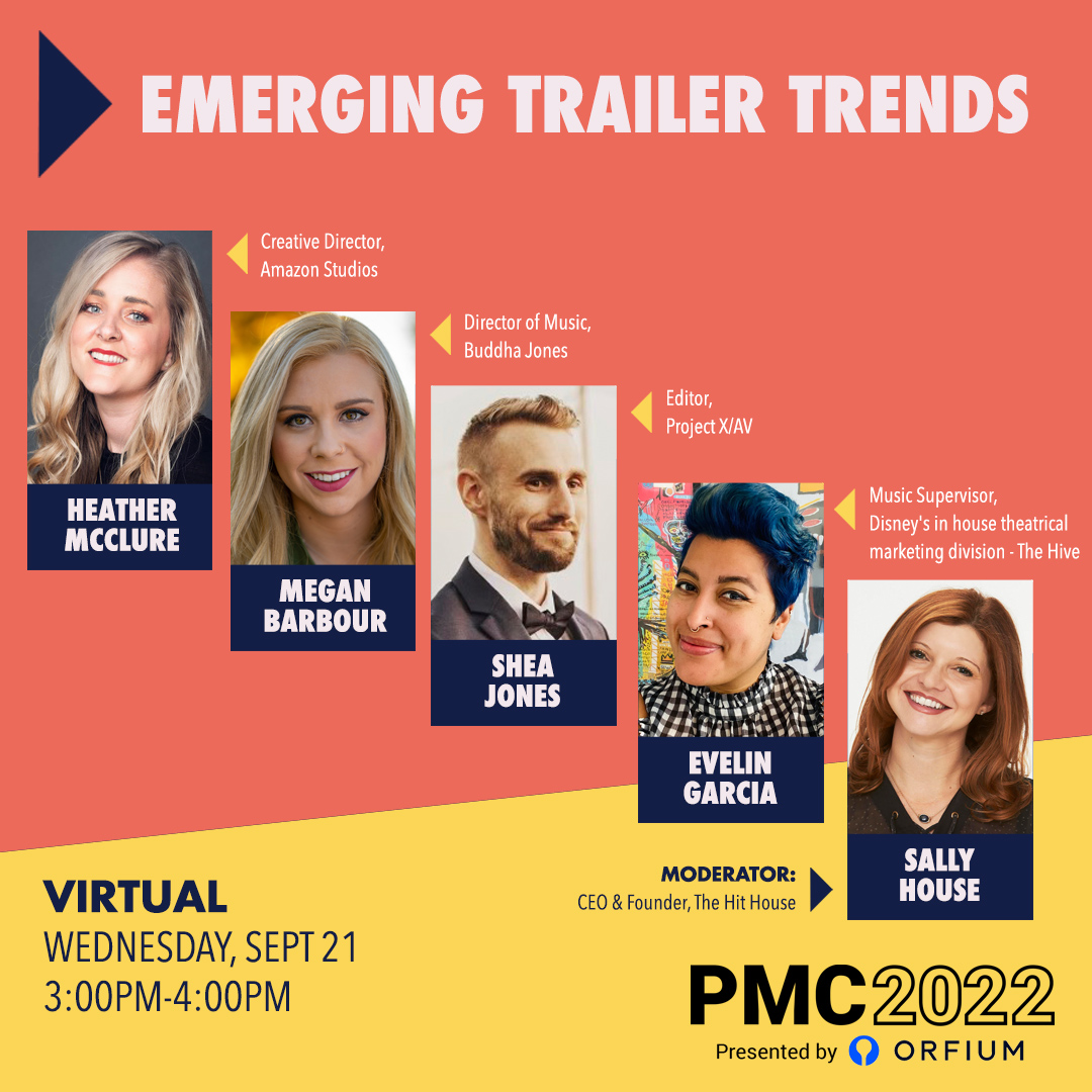 HitHouseMusic's tweet photo. Don’t miss the #PMC2022 Remote #ProductionMusicConference 9/21-9/23!

Join us 3pm Tomorrow for a “Emerging Trailer Trends” Session with #HeatherMcClure, #MeganBarbour, #SheaJones, #EvelinGarcia, moderated by #TheHitHouse's CEO #SallyHouse!

Register now: https://t.co/gjbuwDX0Bv https://t.co/hP2QbwXbSR