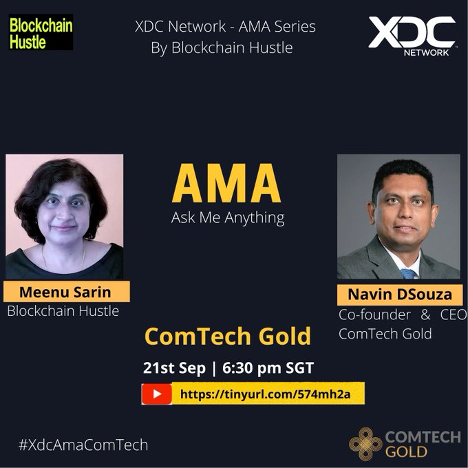 Few hours left to "Ask me Anything" - #AMA 

#XDCNetwork AMA with #ComTechGold hosted by <a href="/meenusarin/">Meenu Sarin</a> - 21st Sept. 2022, 6 pm SGT (2:30 pm UAE time)

To join the AMA, click here: tinyurl.com/574mh2a

#CGO #XDC #BuiltOnXDC #gold #BlockchainHustle