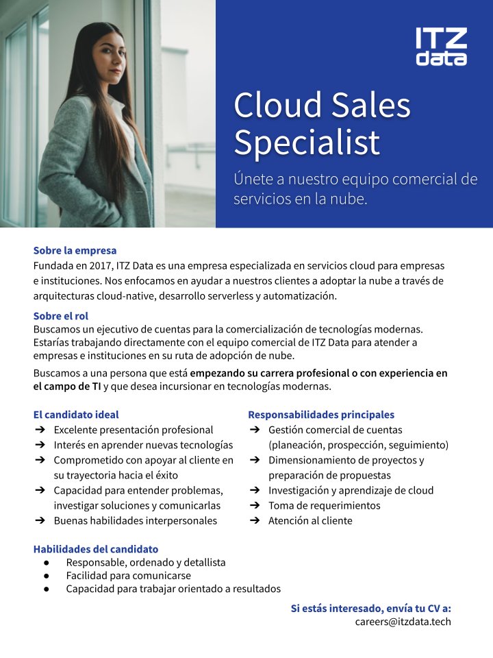 ITZDATA_tech's tweet photo. ¡Estamos creciendo! Únete a nuestro equipo comercial. 🚀☁️
Más info: https://t.co/lPnpYGXWhm https://t.co/YLcldbKVz4