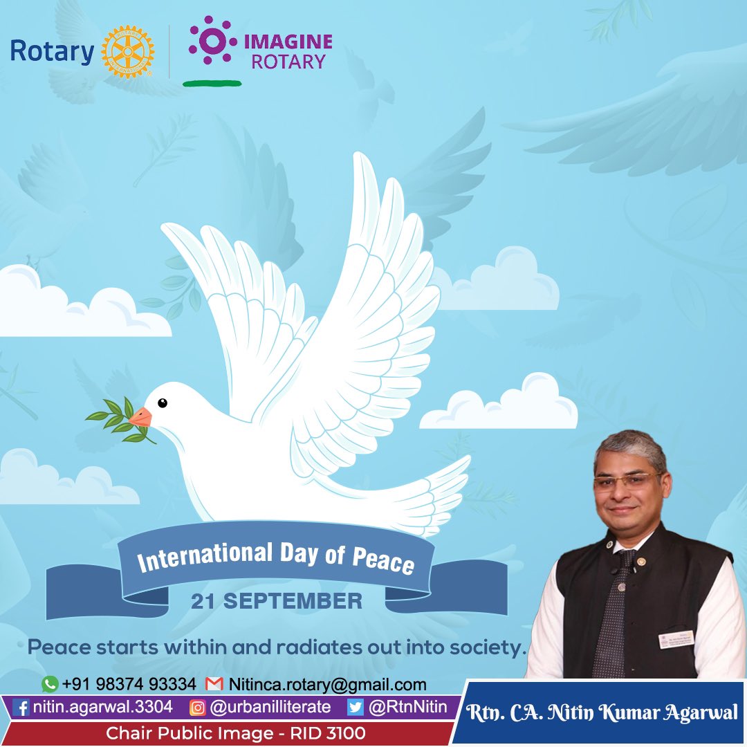 RtnNitin's tweet photo. Peace begins with #peace and comes from within.
#InternationalDayOfPeace #PeaceDay #अंतर्राष्ट्रीय_शांति_दिवस #PeaceOfMind #PeaceWithin #Rotary #RotaryIndia #RotaryPeace #RID3100 #Moradabad #Mavericks #ImagineRotary #PeopleOfAction #Rotarian #ConflictPrevention #AreaOfFocus https://t.co/j5Eqwabrri
