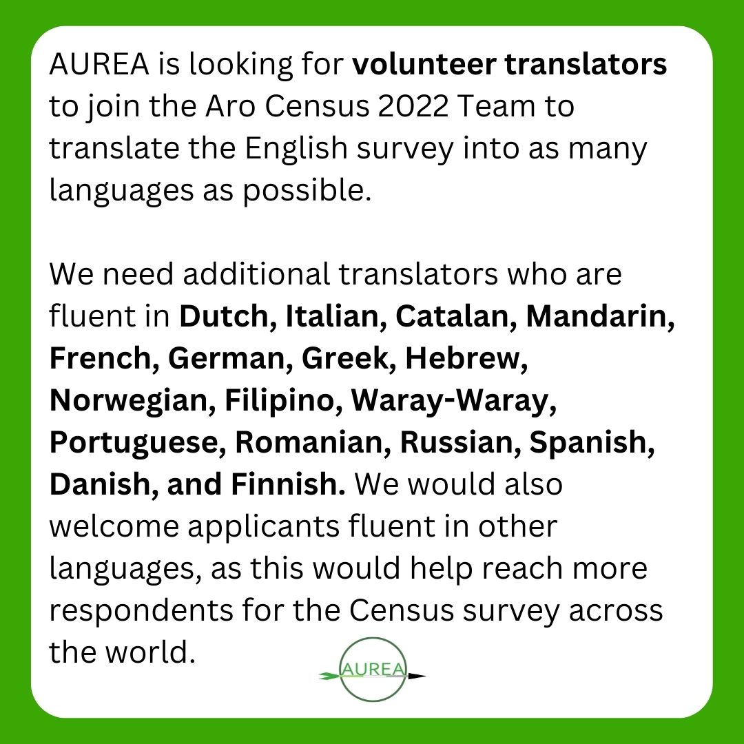 aromantic_aurea's tweet photo. If you are interested in joining the Aro Census 2022 team as a translator, please complete the team application form! (Image description in alt text) https://t.co/NNQ1pGwlVQ” https://t.co/cdIiEoI4jL