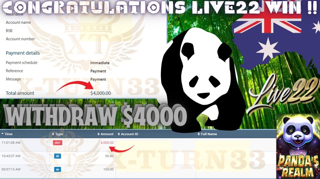 Xturn33's tweet photo. Congratulation To Player Get BIG WIN ❗️❗️❗️

🎮Product : LIVE22
🎰Game Tips :  PANDA'S REALM
💵Withdraw :  AUD  4000

► Player Deposit AUD 100
► Player Make Withdraw AUD 4000

Lowest Offers In Market  
Low Bonus Low Risk High Return

Find Us On
https://t.co/0Sx6INttad https://t.co/MAhjjKqYhn