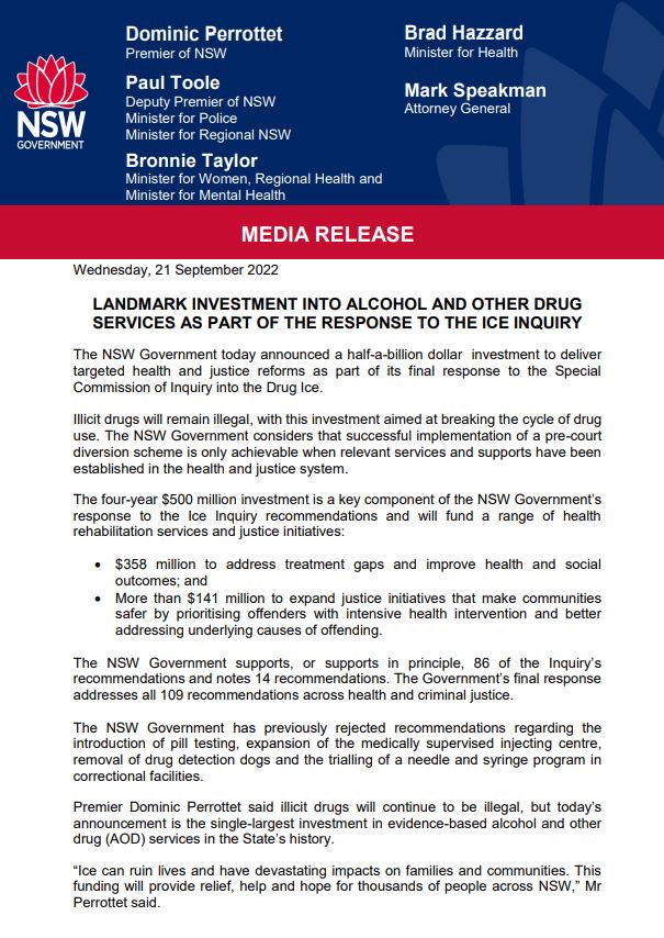 GavinCoote's tweet photo. The NSW Government has refused to decriminalise low-level use of illicit drugs as recommended by the ice inquiry which handed down its findings more than two years ago. It has accepted 86 and noted 14 of the 109 recommendations https://t.co/mRf749ODue