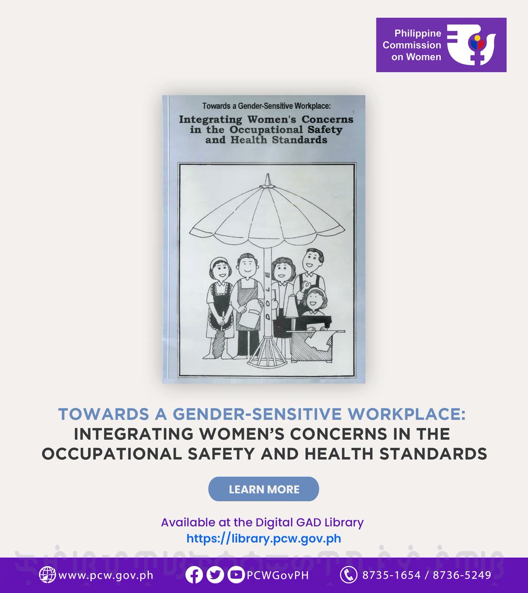 PCWgovph's tweet photo. #GADExplorer | Towards a Gender-Sensitive Workplace: Integrating Womenβs Concerns in the Occupational Safety and Health Standards
You may download a copy for ππ₯ππ on #PCWDigitalGADLibrary at https://t.co/BAyXv4E0du
May tanong sa GAD? #iSearchaGAD sa https://t.co/A2bwnWvFia https://t.co/l9c0YiI8QK
