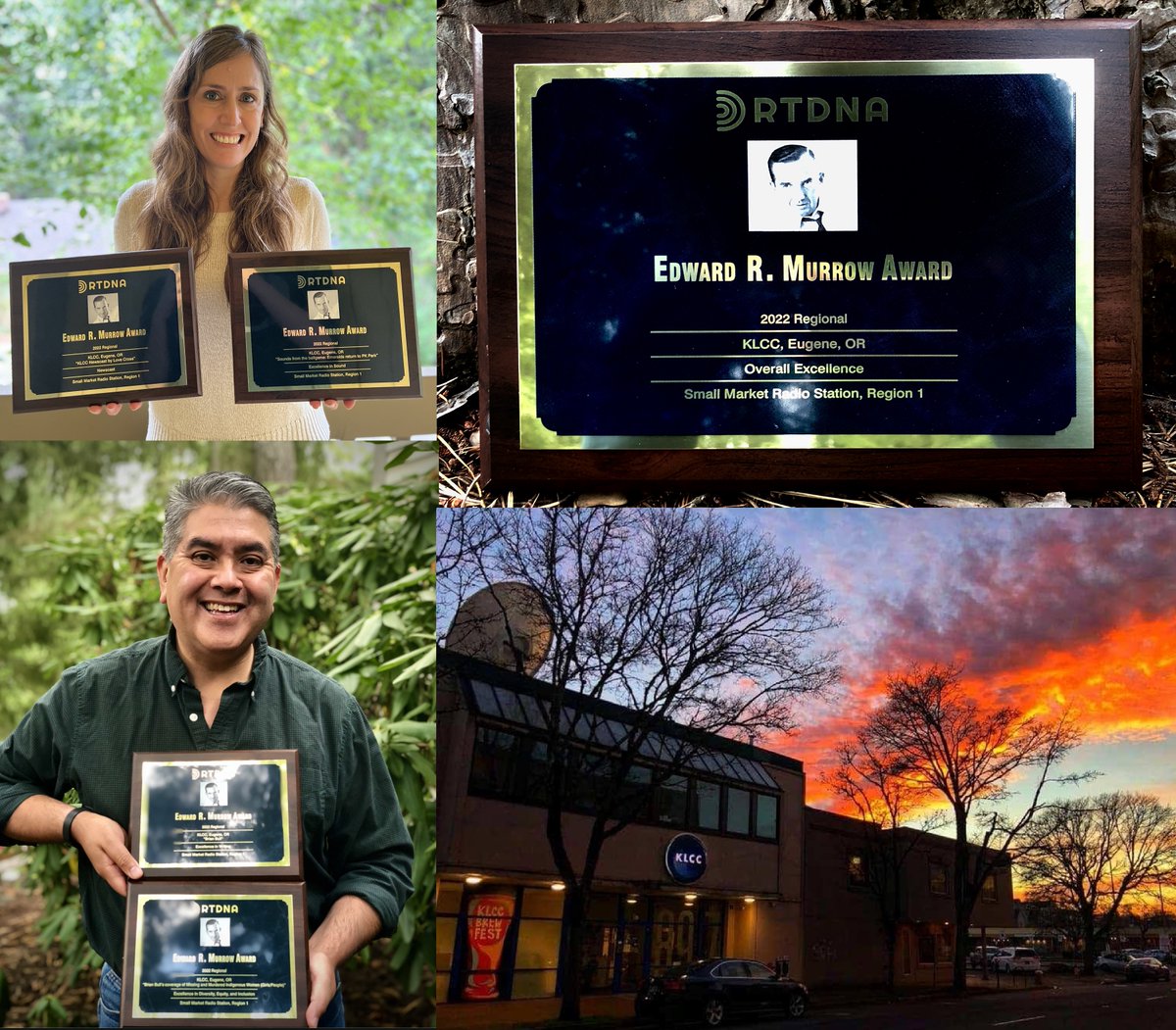 KLCCOregon's tweet photo. KLCC got regional Murrow award plaques in the mail! Congrats to Love Cross (Excellence in Sound, Newscast); Brian Bull (Excellence in Writing, Excellence in Diversity, Equity, and Inclusion) and our station (Overall Excellence, Region 1, Small Market Radio.) Woot! https://t.co/gR3DxdgRFr