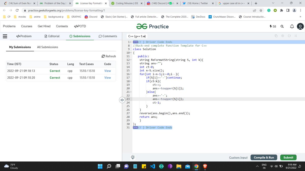 llDarkwayll's tweet photo. Day 83 of 100 Days of Code Program by
@CodeinCommunity

, Supported by
@MinutesCoding

Ques1:License Key Format(GeeksforGeeks)
Code link:https://t.co/PeKrbe7ylw
Discord:https://t.co/S4dOkeJfQi

#100daysofcodechallenge #codeincommunity #codein100daysofcode #100daysofcode #coding https://t.co/kuZlMsgjN6