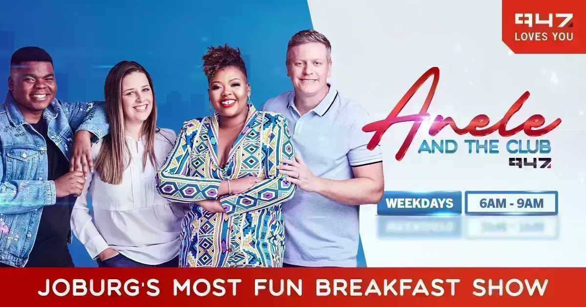 947's tweet photo. It's time for #AneleAndTheClubOn947 - Joburg's most fun breakfast show! 😎

TODAY
06:14 #BlowYourHooter
06:44 R10000 Pop Quiz with @CellC 🎯
07:10 Endorsed before but no more 
07:32 #TheMoneyMinute with @lennoxwasara  
08:11 #ClassicOrNot 💿
08:20 Conspiracy theories https://t.co/9beTXOLDrk
