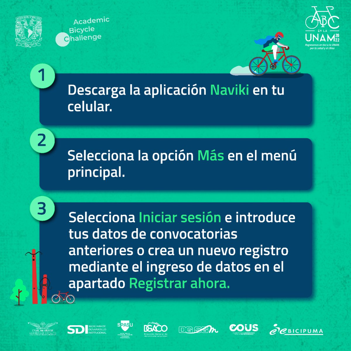 Comunidad_UNAM's tweet photo. "¡Olvídate de padecer horas pico!
¡Por tu salud y el clima, apúntate al #RetoABC! 🚲
#UNAMComunidadSustentable #ABCChallenge #PositivamenteUNAM https://t.co/YgFCzef84Z