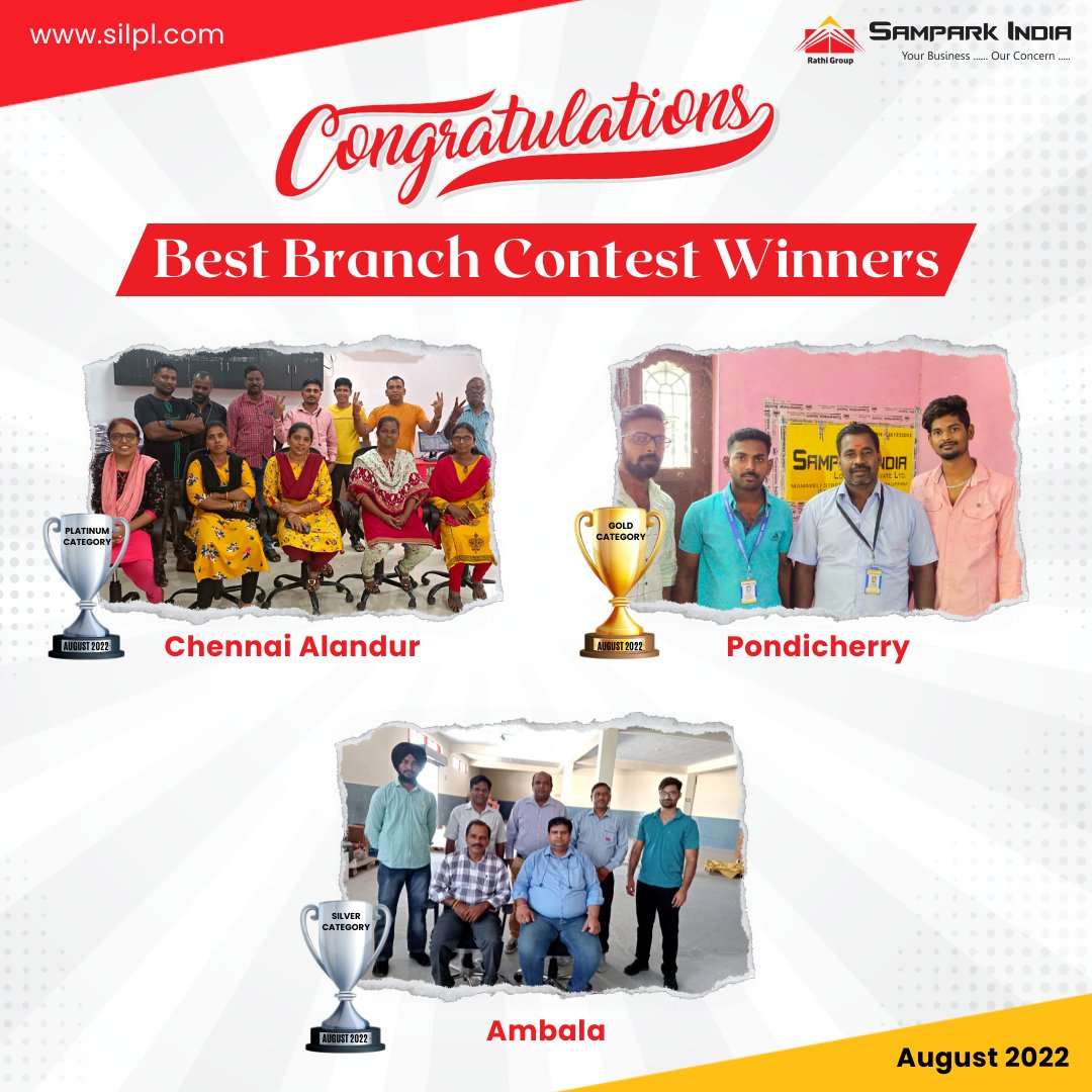 SilplIndia's tweet image. #Congratulations to all the #BestBranch Contest Winners - August 2022. We look forward to upcoming winners &amp;amp; continued success! Keep it up 👍
.
.
.
#logistics #contest #chennaialandurbranch #pondicherrybranch #ambalabranch #samparkindia #rathigroup #vocalforlocal