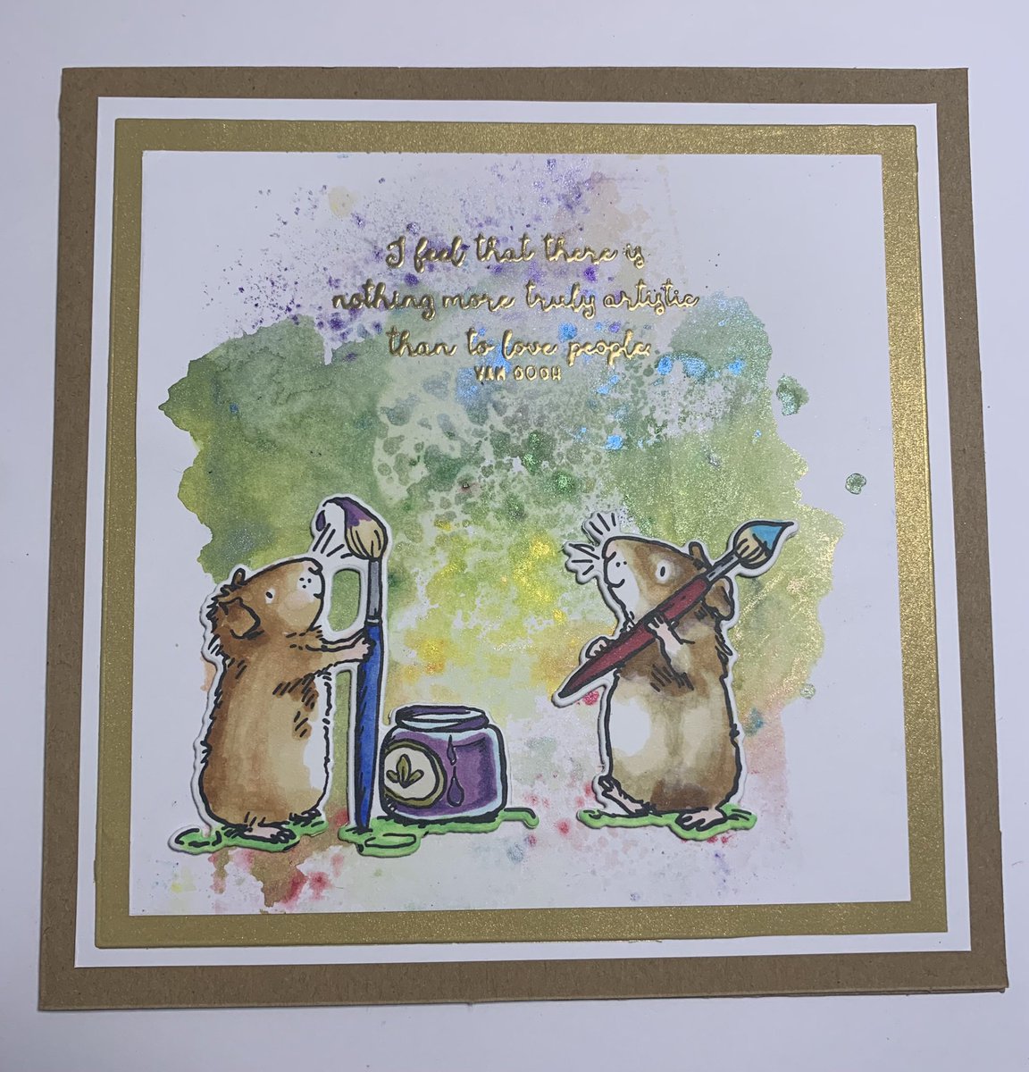 BlingCottage's tweet photo. These painting little guinea pigs found the perfect background from a scrap piece I was using with cosmic shimmer powders to clean my gel press and brayer. 🤷🏼‍♀️

It was just to pretty to throw out. 😉

#snazziscrappindubbo
#anitajeramstamps
#coloradocraftcompany https://t.co/RCHgSqfdXk