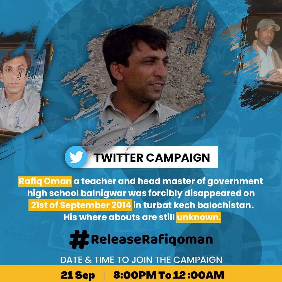 Rafiq Oman a Baloch artist singer &amp; head master of government high school BalNigwar was forcibly disappeared on 21st of September 2014 on way to Turbat. His whereabouts are still unknown.
A Twitter campaign is going to be organised. Everyone requested to join
#ReleaseRafiqoman