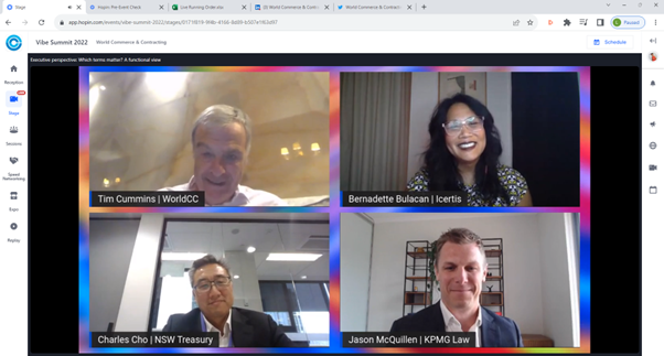 worldcc_'s tweet photo. Discussing #negotiation at #vibesummit - "are the right people negotiating?" with @tcummins @InHouse_Bern Charles Cho from NSW Treasury & Jason McQuillen from @KPMG #contracts https://t.co/e3mAotIazT