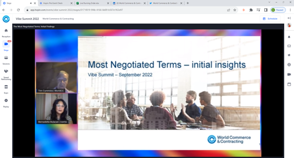 worldcc_'s tweet photo. WorldCC President @tcummins is joined on the Vibe Summit stage by @InHouse_Bern to discuss the initial findings from The Most Negotiated Terms #vibesummit #contracts #negotiation https://t.co/ZaedGmBalT