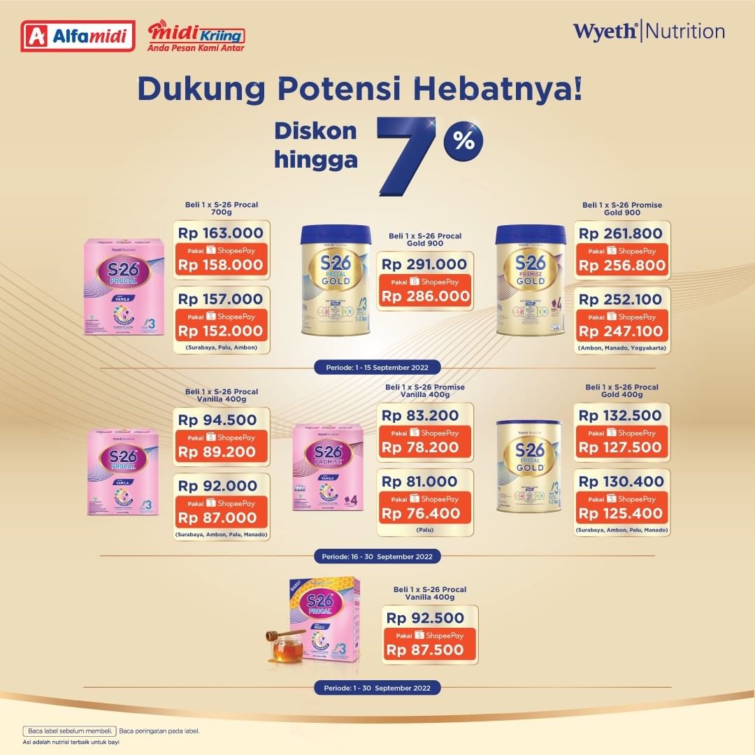 alfamidi_ku's tweet photo. Hi, moms! Dapatkan HARGA HEBAT di bulan September untuk S-26 Procal GOLD, S-26 Promise Gold, S-26 Procal Nutrissentials, dan S-26 Promise Nutrissentials.

#PromoAlfamidi #AlfamidiUntukIndonesia #AlfamidiHadirMelayani #PromoWyeth #Promos26 #AyokeAlfamidi #wyeth #WyethNutrition https://t.co/96stdwSry4