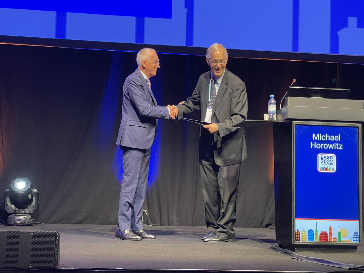 Prof_KL_Jones's tweet photo. Wonderful recognition for Michael Horowitz  - recipient of the Camillo Golgi Award at the EASD meeting. An amazing achievement and well deserved #EASD2022 #michaelhorowitz @CRENutrition https://t.co/uvzKno4IL6