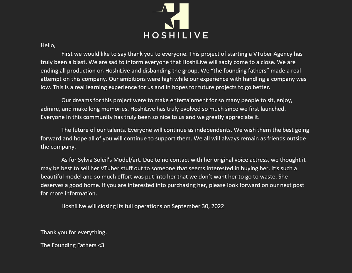 HoshiLiveProd's tweet photo. Thank you for everything!
we wish the best for our talents. Thanks for having us be part of the VTuber community. 
Don't forget to show them love!
@duoleveling 
@MiaHana_VTuber 
@meienvt 
@EloraEden 
@NovaAyumu https://t.co/KQ2541TJKi