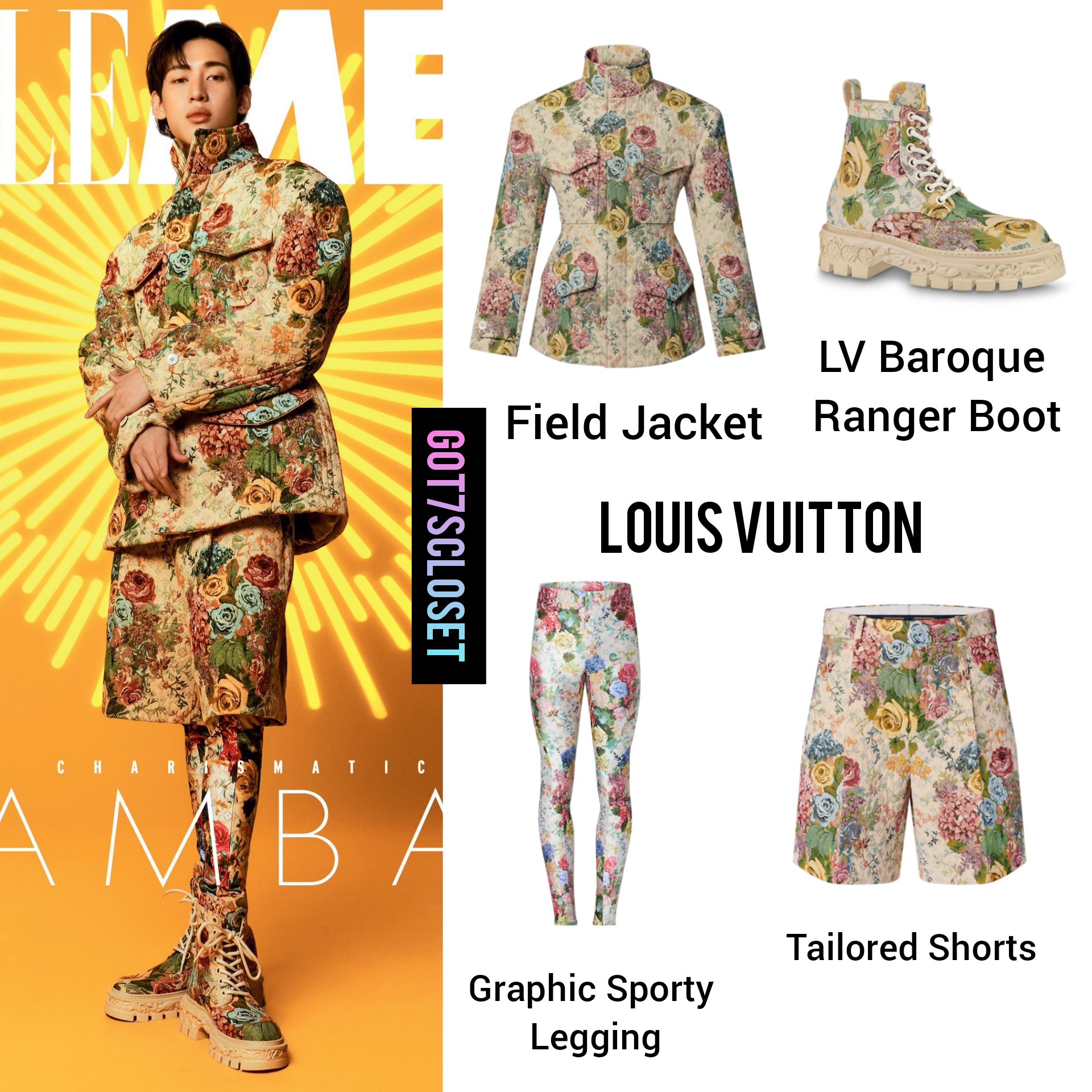 GOT7's fashion (fan account) on X: [220921] Bambam - Elle Men Thailand LOUIS  VUITTON • Field Jacket - $5,400 USD. • Graphic Sporty Legging - $1,230 USD.  • Tailored Shorts - $1,370