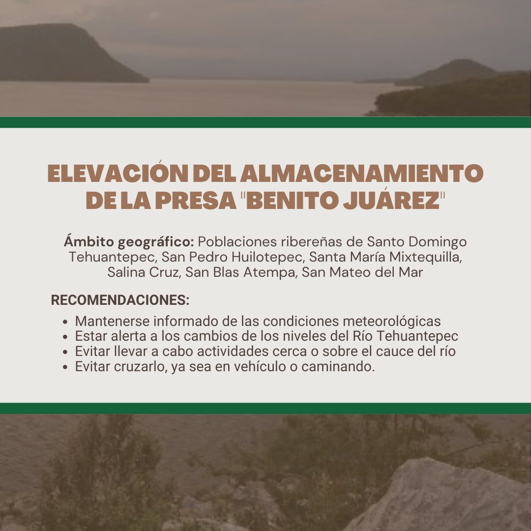 CEPCyGR_GobOax's tweet photo. #CEPCOInforma | Derivado de la elevación a 126.30 msnm, (2.05m. por arriba del Nivel de Aguas Máximas Ordinarias) de la presa Benito Juárez, se iniciará a verter gradualmente un caudal de 30m3/s hasta llegar a los 120m3/s.
Por lo anterior, #CONAGUA y #CEPCO recomiendan: https://t.co/B86kv52hEk