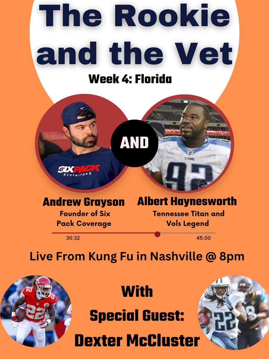 SixPackCoverage's tweet photo. The Rookie and The Vet Is back for another episode this week with special guest Dexter McCluster! The former Ole Miss, Kansas City Chief, and Titans legend joins the guys on The Rookie and The Vet. Come listen at 8pm at Kung Fu in Midtown. https://t.co/BPBSRS3RFI