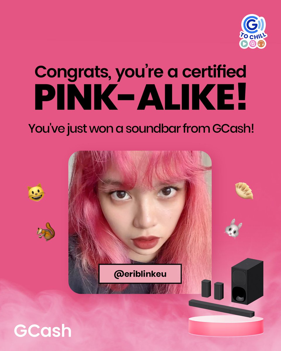gcashofficial's tweet photo. Congratulations PINK-ALIKE @eriblinkeu, you’ve just won a soundbar from GCash! Thanks for showing us your best look &amp; subscribing to Spotify with GCash. #GCashInYourArea #GToChill

Message us @gcashofficial for instructions on how to claim your prize. https://t.co/yOHhw1F1ZV