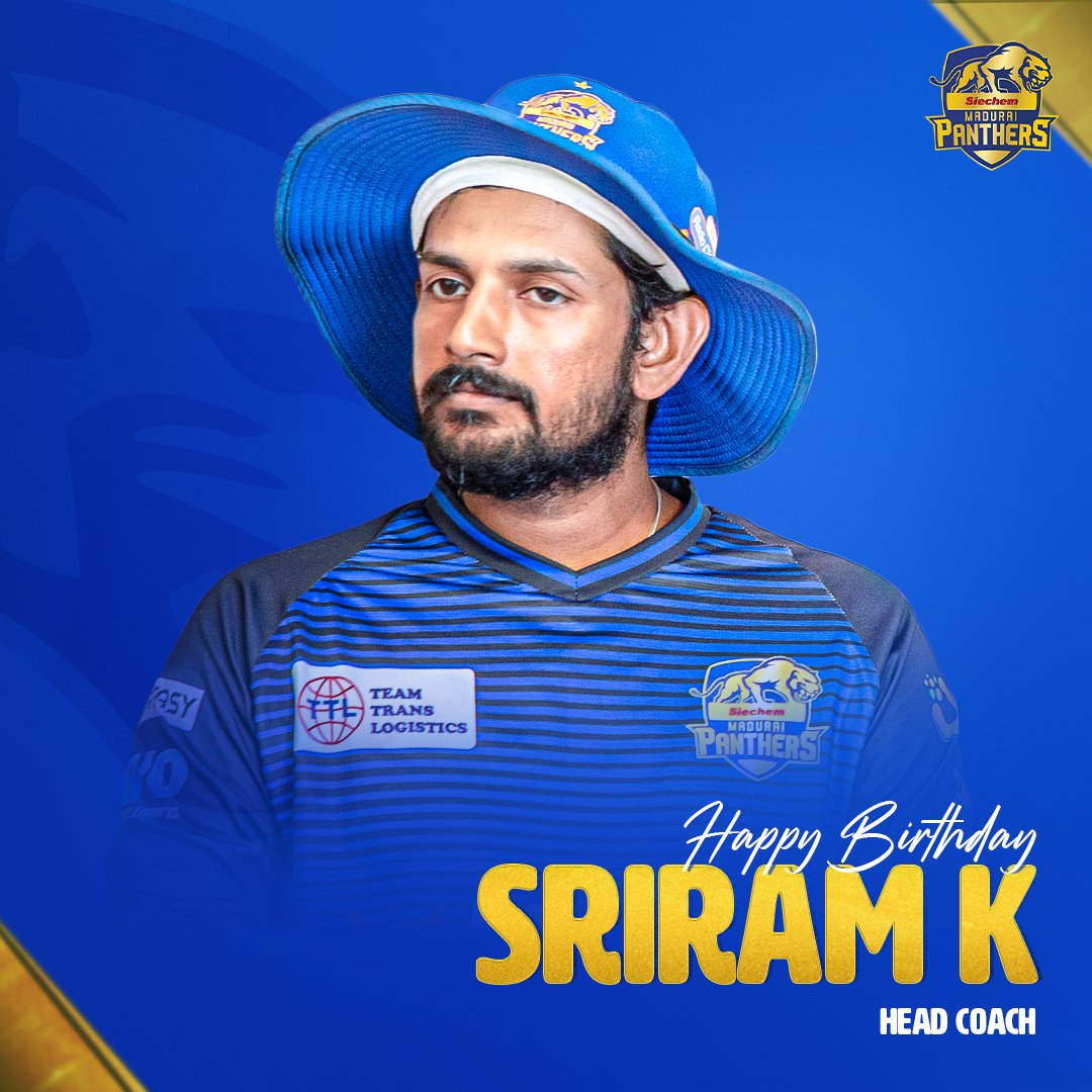 maduraipanthers's tweet photo. 🎂 Best wishes to our head coach @sriram219, who is celebrating his birthday today!

#TNPL #MaduraiPanthers #SiechemMaduraiPanthers #Madurai #PoduSakkaPodu https://t.co/4HtX3IN1ra