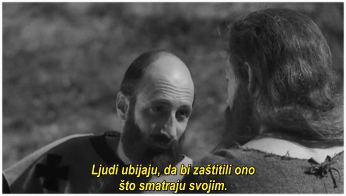 "People are killing (others), in order to protect what people consider of their own"
Simon of the Desert (Spanish: Simón del desierto) is a 1965 Mexican surrealist film directed by Luis Buñuel and starring Claudio Brook and Silvia Pinal. It is loosely based on the story of the ascetic 5th-century Syrian saint Simeon Stylites, who lived for 39 years on top of a column.
https://en.wikipedia.org/wiki/Simon_of_the_Desert