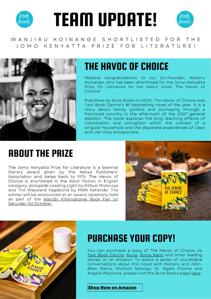 Wachuka (@sisterkilljoy) on Twitter photo My inimitable Co-Founder <a href="/ShiroKoinange/">Wanjiru Koinange</a>’s debut novel, The Havoc of Choice, has been shortlisted for the Jomo Kenyatta Prize for Literature. Congrats Shiro! 🎉🎉🎉 The winner will be announced at the Nairobi Book Fair on 1st Oct. My inimitable Co-Founder <a href="/ShiroKoinange/">Wanjiru Koinange</a>’s debut novel, The Havoc of Choice, has been shortlisted for the Jomo Kenyatta Prize for Literature. Congrats Shiro! 🎉🎉🎉 The winner will be announced at the Nairobi Book Fair on 1st Oct.