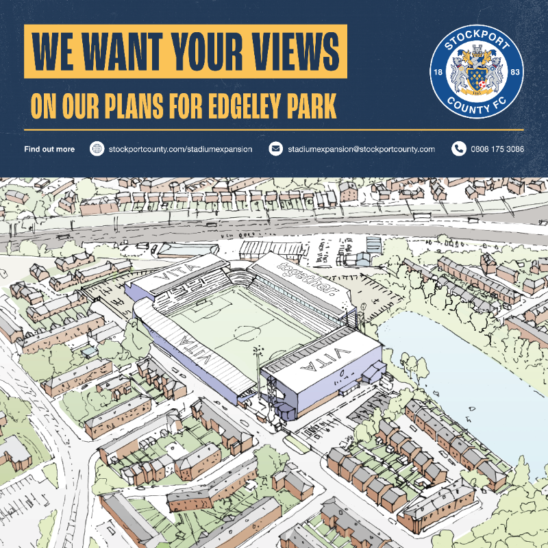 StockportCounty's tweet photo. The Club is excited to today launch plans for a public consultation, inviting views on proposals to expand and improve the stadium at Edgeley Park.

#StockportCounty