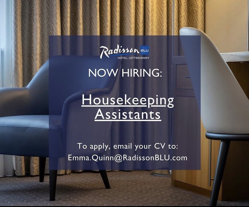 RadissonBluLK's tweet photo. We are looking for exceptional candidates to join our housekeeping team. Interested? Email your CV now to emma.quinn@radissonblu.com

#houskeepingteam #housekeepingjob #nowhiring #hiring #jobsinletterkenny #applynow #housekeepingassistant https://t.co/7J3Zdajllg