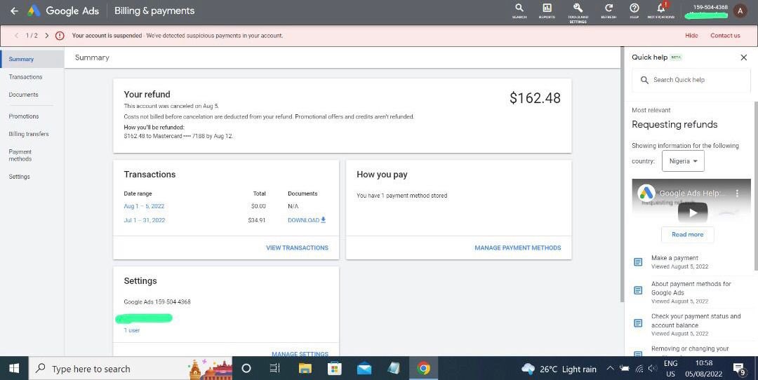 YesWebsitesCom's tweet photo. Hello @GoogleAds,

Kindly effect the refund as promised since August 5, 2022. 

In the first and second screenshots, the timeframe promised for refund was 1 week.

Your team changed it to 4 weeks after the initial 1 week elapsed yet we’ve not gotten a refund.

1/2 https://t.co/4WDE2ZGZjq
