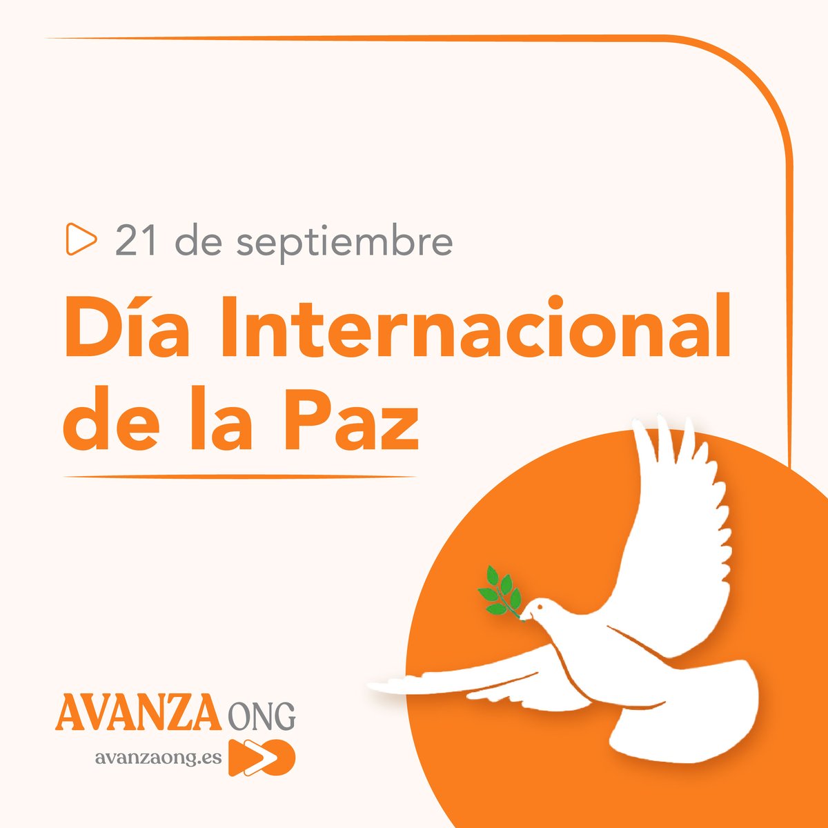 avanza_ong's tweet photo. Cada año, el 21 de septiembre, se celebra en todo el mundo el Día Internacional de la Paz 🕊. En Avanza ONG somos conscientes de la necesidad de que todos trabajemos unidos 🤝 para construir una sociedad basada en el respeto🧡
#diainternacionaldelapaz #paz #avanza #avanzaong https://t.co/T1ZbOjsaWX