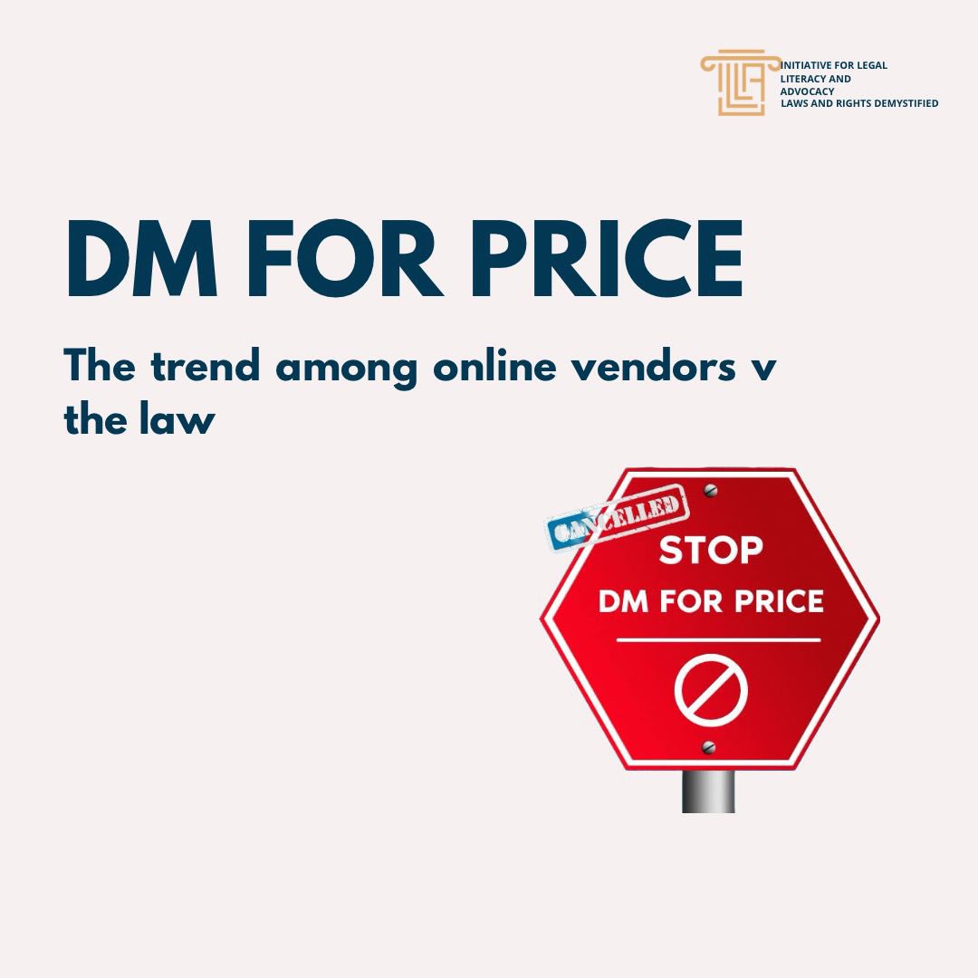 illang_org's tweet photo. Here’s what the Law had to say about the “DM FOR PRICE” culture amongst online vendors. 

Ignorance of the law will not excuse you when the hand of the law is within your terrain.

#ILLAgrace
#legaltips
#knowyourrights
#rightsdemystified https://t.co/WXr066E7Hg