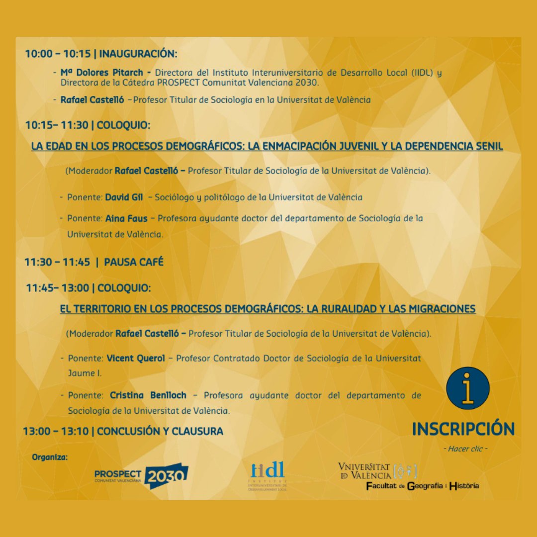 iidlValencia's tweet photo. Emancipación juvenil y dependencia senil, ruralidad, migraciones: conoce los retos de la población valenciana en esta próxima act de @prospectcv2030:

🧑🏻‍🤝‍🧑🏻 Retos demográficos en la CV
📅5.10
⌚10:00-13:30
📍 Salón de Grados @FacGeoiH
👉https://t.co/HNFHFEZslt https://t.co/FqM4ZeamaD