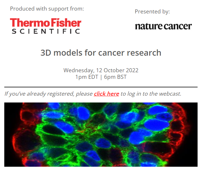 NatureCancer's tweet photo. SAVE THE DATE 🗓️- In a webcast sponsored by @thermofisher we will discuss developments in 3D models for Cancer Research with @KarunaMDPhD and @GVNlab.  #3DmodelsCancer

Don’t miss the opportunity to listen and engage in a live Q&amp;A! Sign up for FREE 👇 
https://t.co/OrOT4mzkv9 https://t.co/1SZI1MI5oM