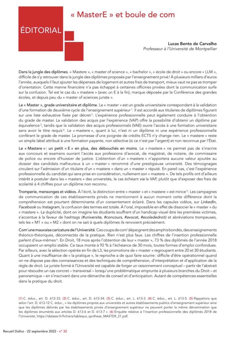 Un rappel très important pour les étudiants : les Mastères en droit ne sont pas des Masters et ferment de nombreuses portes. 
Un grand merci au professeur @LucasBdeC pour son engagement à ce sujet !