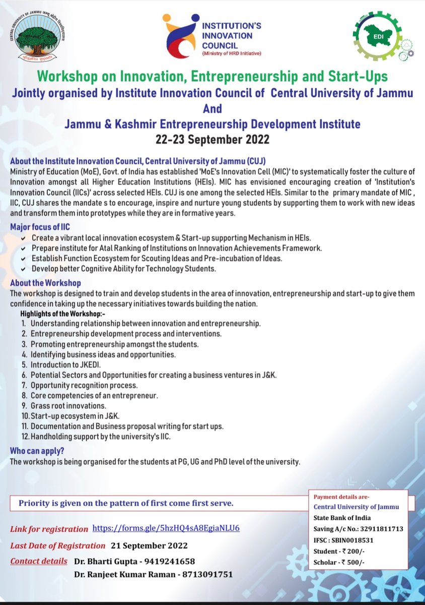 VishalRay's tweet photo. Shall be interacting with young minds at two days workshop on Innovation, Entrepreneurship and Start-ups jointly organised by IIC, Central University of Jammu &amp; @JKEDI4U. https://t.co/HP8MnnxpJD