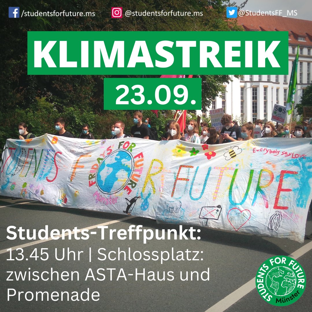 StudentsFF_MS's tweet photo. 📢Klimastreik📢 
Unter dem #PeopleNotProfit startet am Freitag auch in #Münster der globale Klimastreik. Wir schließen uns der Demo von @FFF_Muenster an und treffen uns dafür am 23.09. um 13.45 Uhr zwischen ASTA-Haus und Promenade am Schlossplatz. https://t.co/Ke58dPo5xI