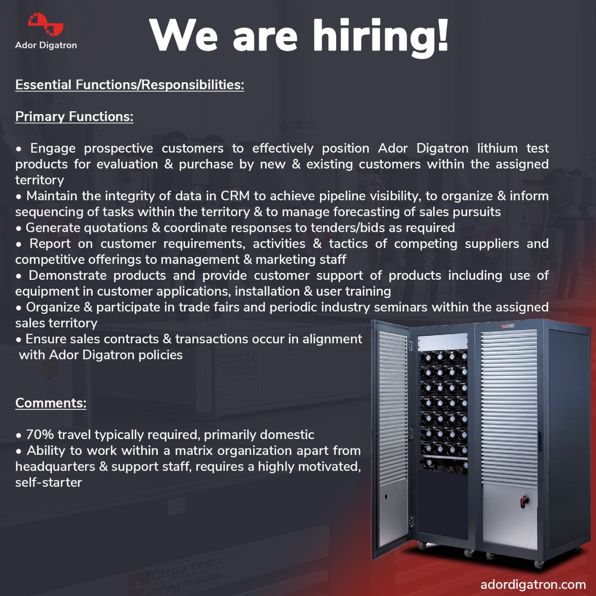 AdorDigatron's tweet image. 𝐖𝐞 𝐚𝐫𝐞 𝐇𝐢𝐫𝐢𝐧𝐠! 

Join the Ador Digatron team today!
Reach out to od@adordigatron.com for more details.

.
.
.
#trustworthy #adordigatron #energizingindia #sales #marketing #saleslead #Lithium