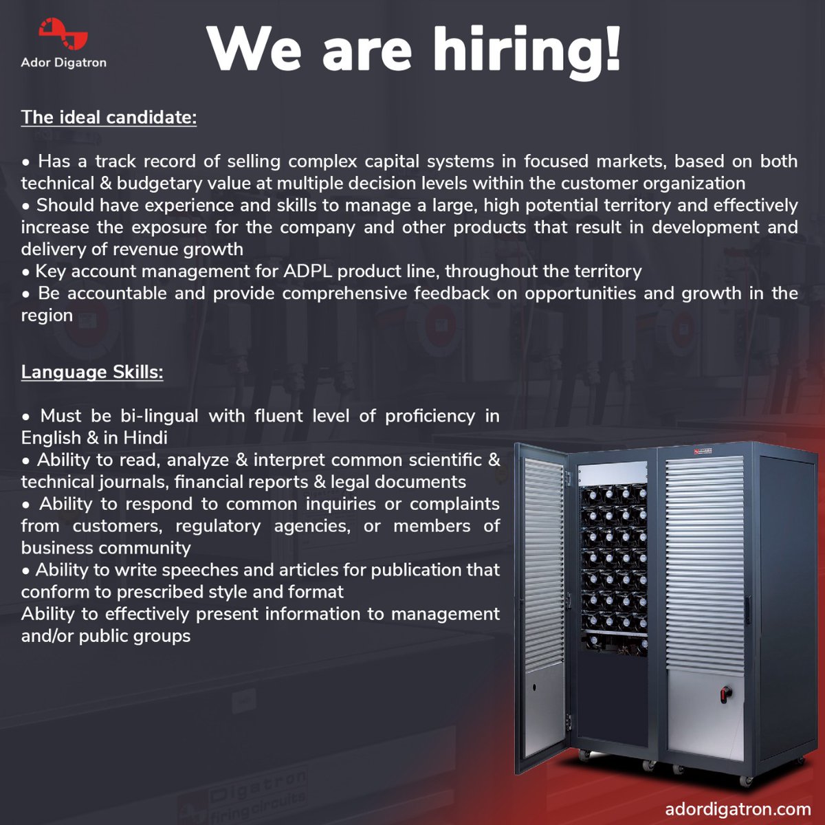 AdorDigatron's tweet image. 𝐖𝐞 𝐚𝐫𝐞 𝐇𝐢𝐫𝐢𝐧𝐠! 

Join the Ador Digatron team today!
Reach out to od@adordigatron.com for more details.

.
.
.
#trustworthy #adordigatron #energizingindia #sales #marketing #saleslead #Lithium