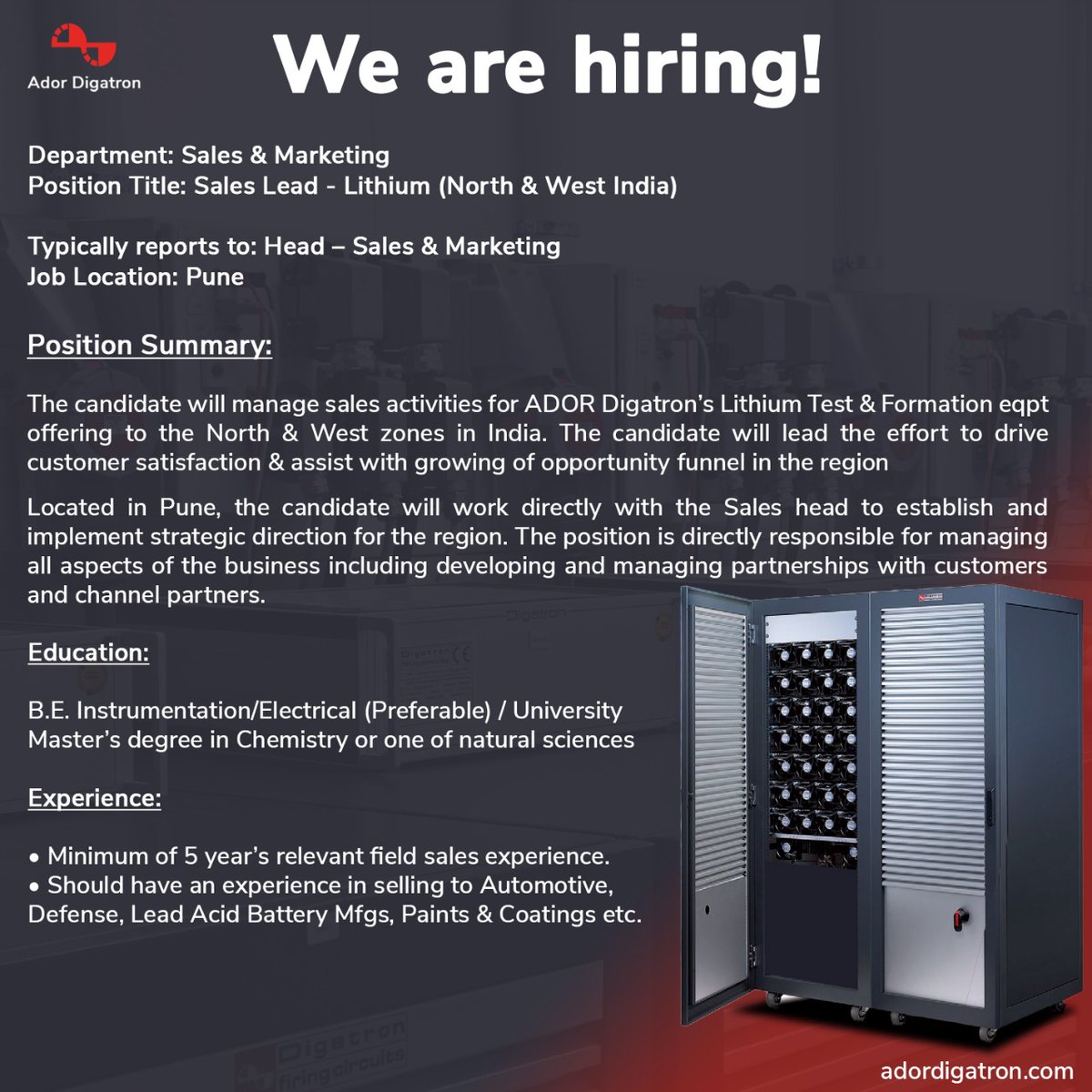 AdorDigatron's tweet image. 𝐖𝐞 𝐚𝐫𝐞 𝐇𝐢𝐫𝐢𝐧𝐠! 

Join the Ador Digatron team today!
Reach out to od@adordigatron.com for more details.

.
.
.
#trustworthy #adordigatron #energizingindia #sales #marketing #saleslead #Lithium