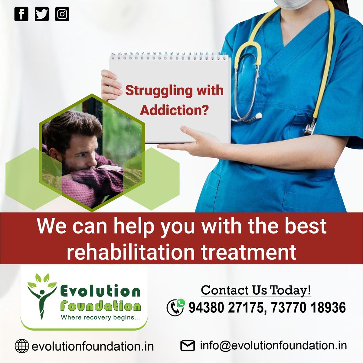 EvolutionFound2's tweet photo. Whatever may be the Addiction, we have the right #treatment for you.

Join the best #Rehab facility &amp; get back to your social life with dignity.

Contact us today!

✆ : +91 9438027175 / 7377018936
🌐 : https://t.co/SH61qCJTVi

#evolutionfoundation #rehabilitation #addiction https://t.co/oYtRKt1g3W