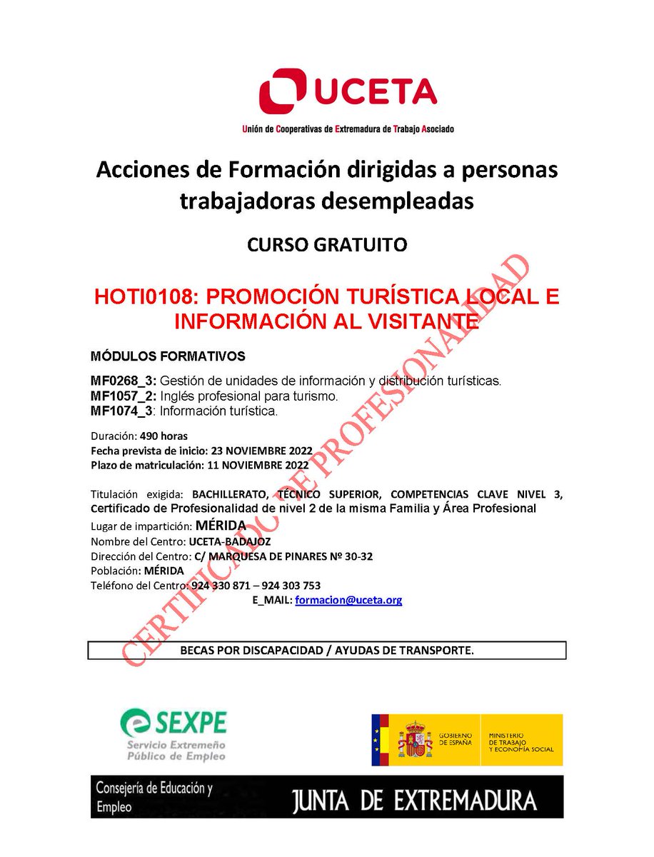 Formación dirigida  a desempleados. ¡¡¡COMENZAMOS!!! Certif de Profesionalidad:- ACTIVIDADES DE GESTIÓN ADMINISTRATIVA, 810 horas-CREACIÓN Y GESTIÓN DE MICROEMPRESAS, 490 horas- PROMOCIÓN TURÍSTICA LOCAL E INFORMACIÓN AL VISITANTE, 400 horas- ORG. Y GESTIÓN  ALMACENES, 320 horas