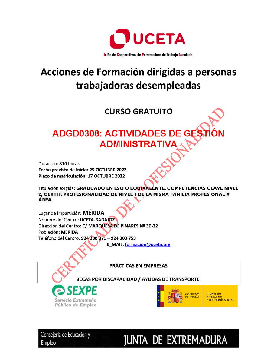 ucetaext's tweet photo. Formación dirigida  a desempleados. ¡¡¡COMENZAMOS!!! Certif de Profesionalidad:- ACTIVIDADES DE GESTIÓN ADMINISTRATIVA, 810 horas-CREACIÓN Y GESTIÓN DE MICROEMPRESAS, 490 horas- PROMOCIÓN TURÍSTICA LOCAL E INFORMACIÓN AL VISITANTE, 400 horas- ORG. Y GESTIÓN  ALMACENES, 320 horas https://t.co/3FztmVEjaD